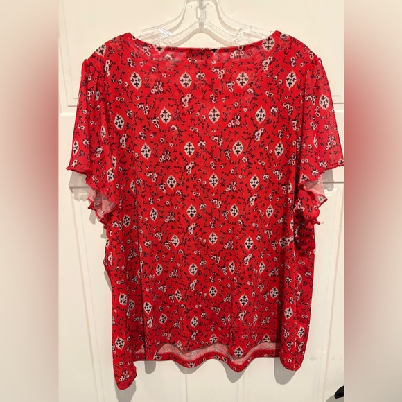Lane Bryant 18/20 Red Patterned V-Neck Blouse - Picture 2 of 7